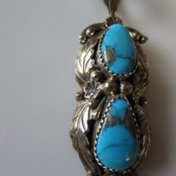 Vintage Native American Turquoise Pendant Sterling Silver Iron Pyrite Matrix - Picture 6 of 9